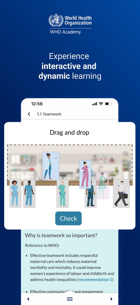 WHO Academy - WHO Academy app interface displaying an interactive drag and drop learning module on teamwork for healthcare professionals