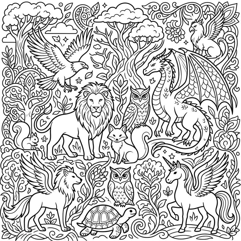 Dive into a breathtaking world where real and mythical creatures roam free! This intricate digital wildlife coloring page offers a captivating scene for endless creative expression.