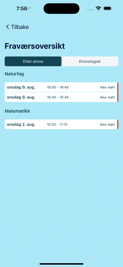 NOA Notice Of Attendance - NOA app screen displaying a list of student absences categorized by school subjects.