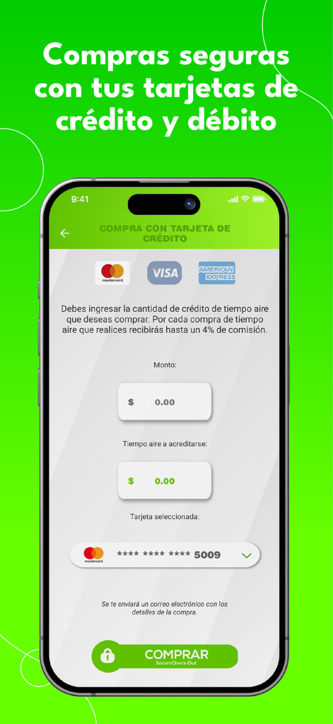 VisaやMastercardなどのクレジットカードおよびデビットカードを使用した安全なチャージ購入オプションを表示するYoVendoRecargaモバイルアプリ画面