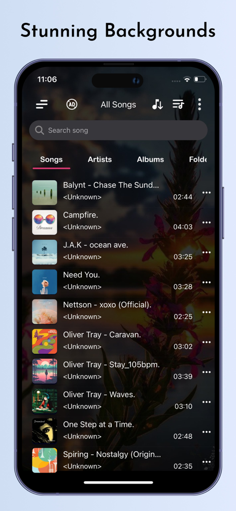 Offline MP3 Music Player - Interfaz de la aplicación Reproductor de Música MP3 sin Conexión que muestra una lista de canciones con una imagen de fondo floral.