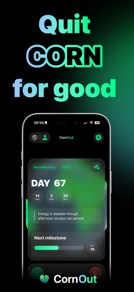 Quit Corn app interface showing a 67 day recovery streak and progress toward a 75 day milestone.