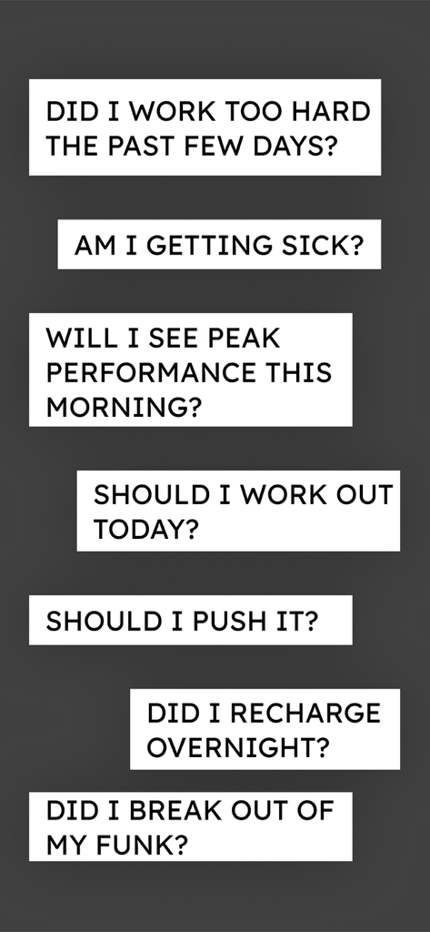 Une liste de questions sur la performance et la récupération concernant les niveaux d'énergie et la préparation à l'entraînement