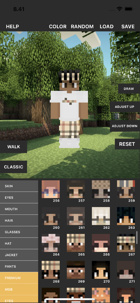 Custom Skin Creator - Interfaz de la aplicación Creador de Skins Personalizadas de Minecraft mostrando un personaje 3D de Minecraft en un bosque con menús de personalización