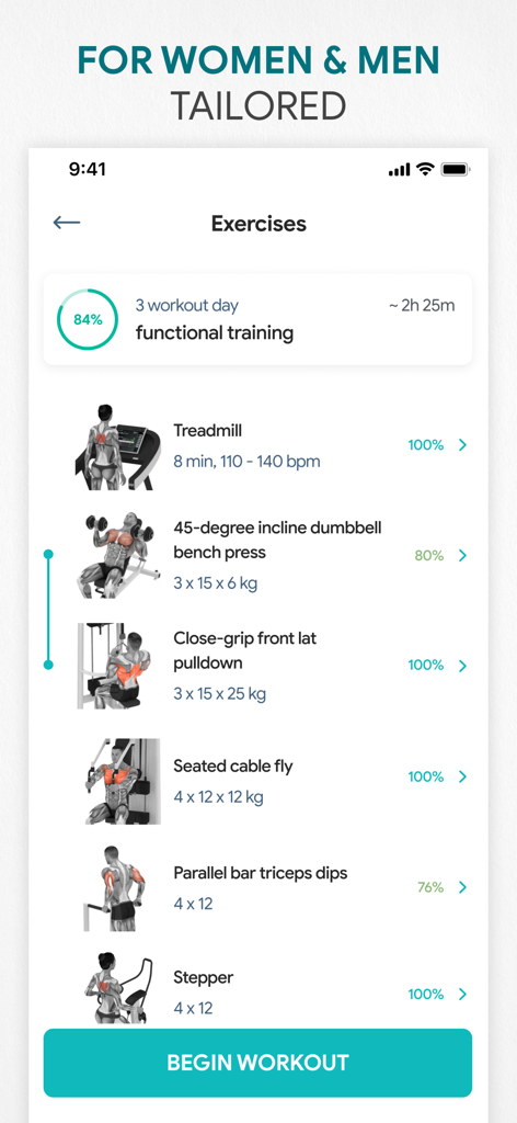 Interface of Fitness Online app showing a tailored workout plan with 3D exercise animations and progress tracking