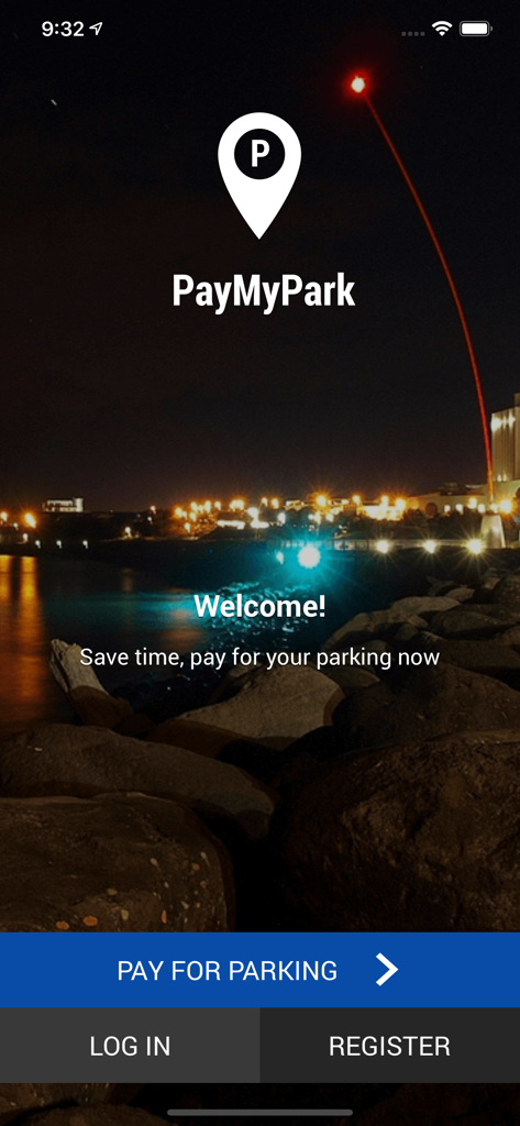 Welcome screen of the PayMyPark app showing parking payment and login options over a night city skyline