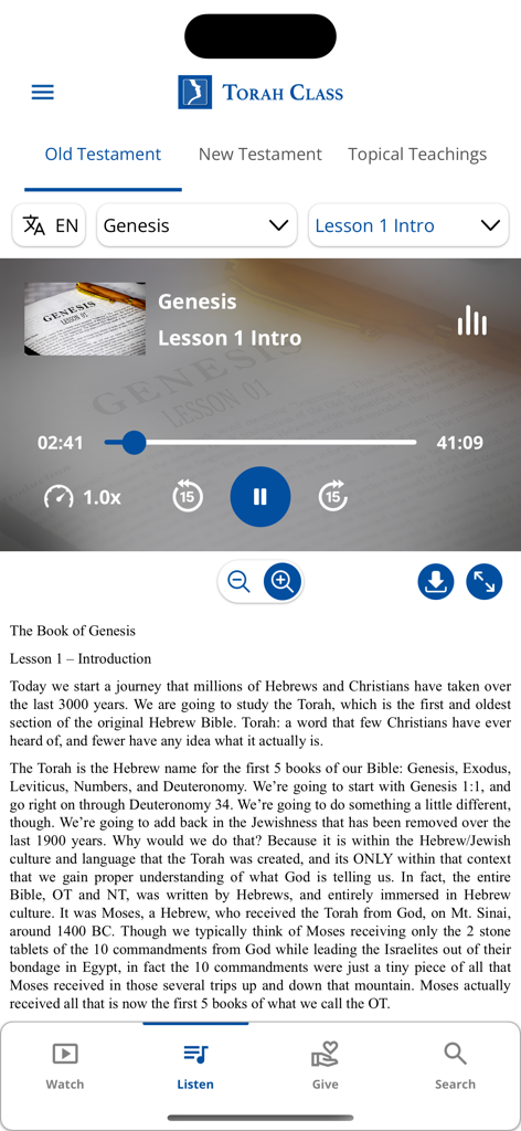 Torah Class - Torah Class mobile app interface showing an audio lesson for Genesis with a text transcript and playback controls.