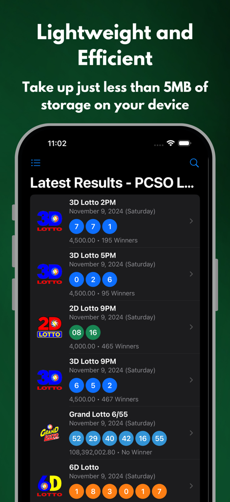A smartphone displaying the latest PCSO lotto results for various games like 3D Lotto and Grand Lotto