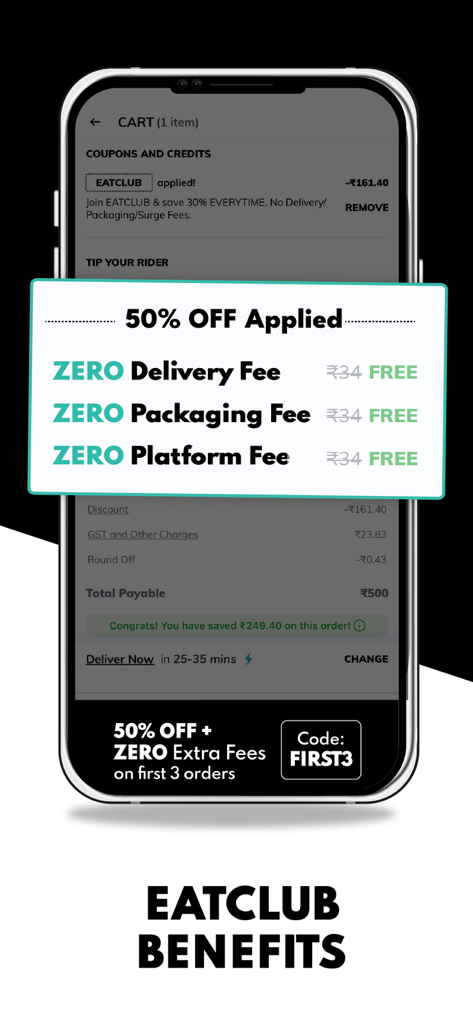 EatClub: Food Delivery App - Schermata di checkout dell'app EatClub che mostra uno sconto del 50% e zero commissioni di imballaggio e piattaforma di consegna