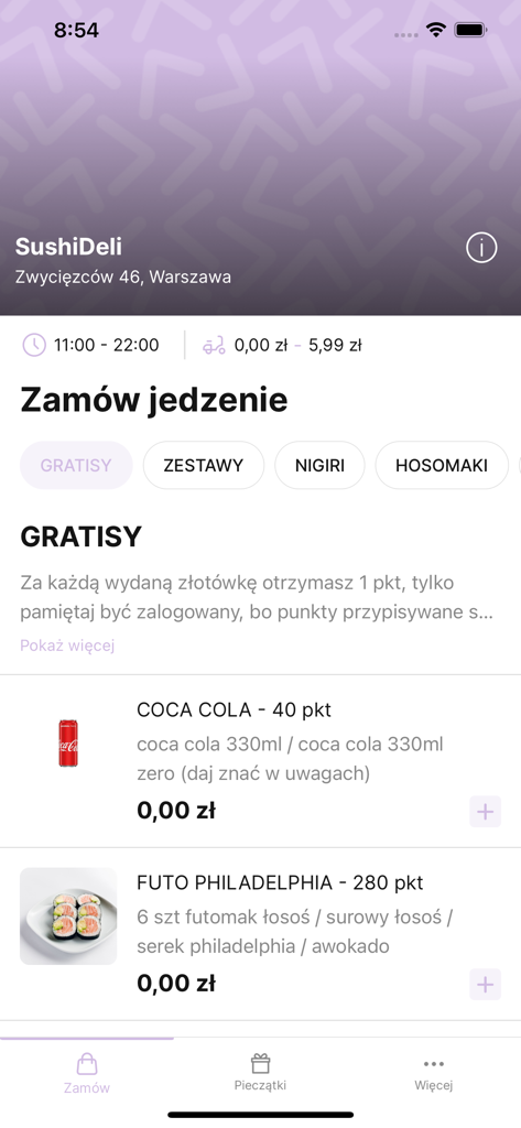 SushiDeli - SushiDeli mobile app interface showing sushi menu items and loyalty rewards.