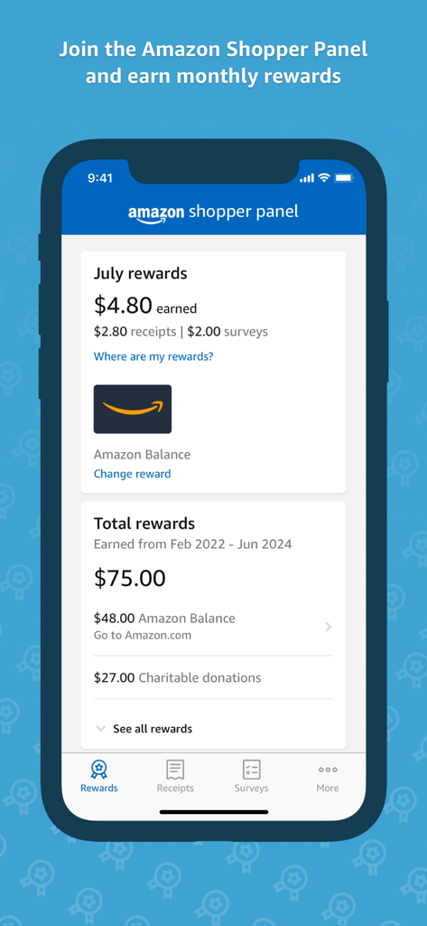Amazon Shopper Panel - Panel de recompensas de la aplicación Amazon Shopper Panel que muestra las ganancias mensuales y totales