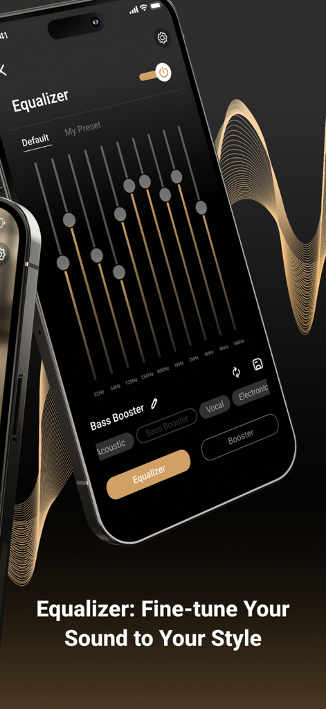 Smartphone screen showing the audio equalizer interface with frequency sliders and sound presets