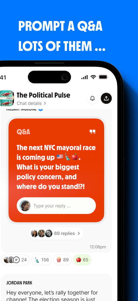 ChatBCC app screen showing a QA prompt about the NYC mayoral race in a political group chat