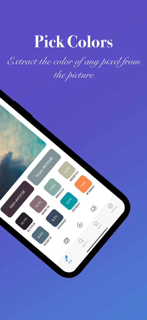 Color Picker: Design & Detect - Color Picker 앱 인터페이스에 사진에서 추출한 헥스 코드와 색상 백분율이 표시됨