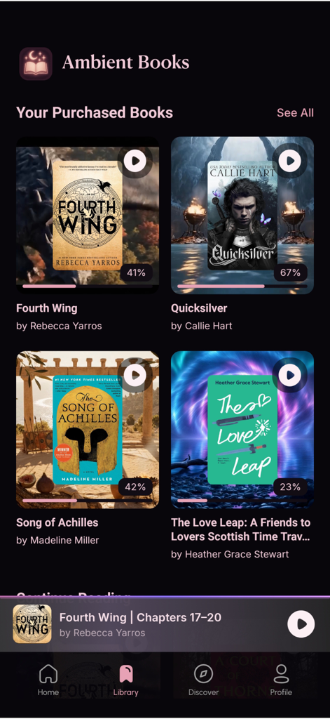 Ambient Books: Video Novels - Library interface of the Ambient Books app showing a collection of purchased video novels including Fourth Wing and Quicksilver.