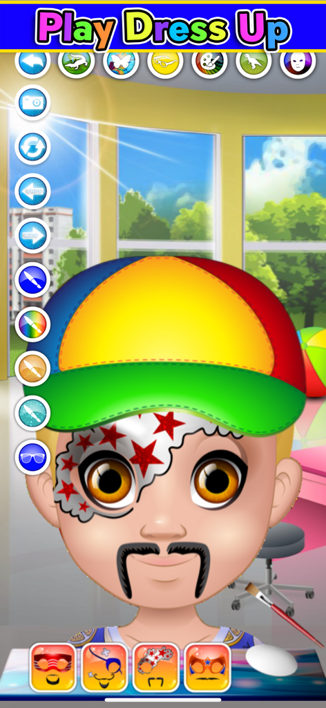 Kids Face Paint: Coloring Game - Un personaje infantil en la aplicación Kids Face Paint con pintura facial de estrellas rojas, un bigote y una gorra multicolor.