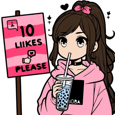 girl with a high ponytail and a hoodie drinking boba staring at a sign saying 10 likes please