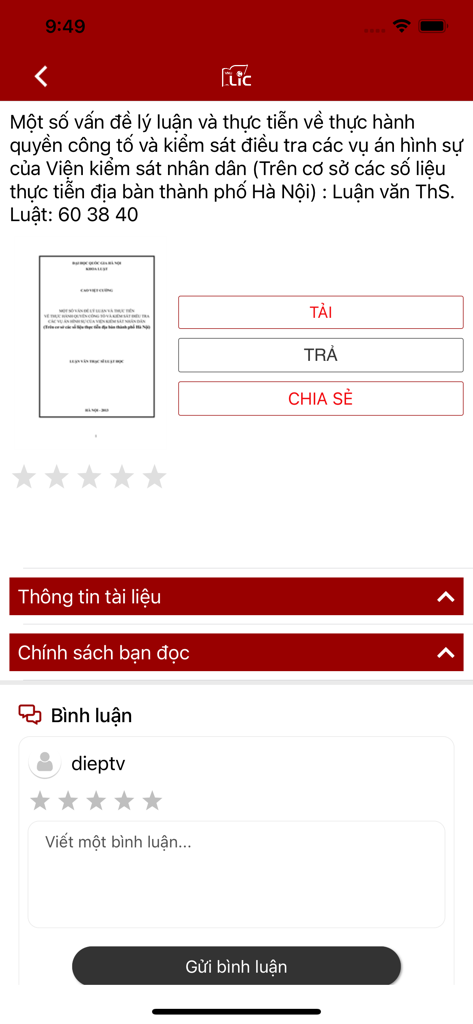 VNU-LIC - Interface of the VNU-LIC mobile app displaying details for an academic research paper including download and share options.