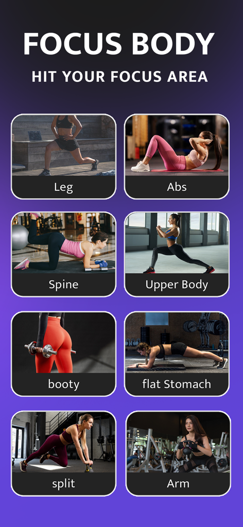 Workout for Women, Fitness - Workout for Women app screen displaying focus body workout categories including legs abs and upper body