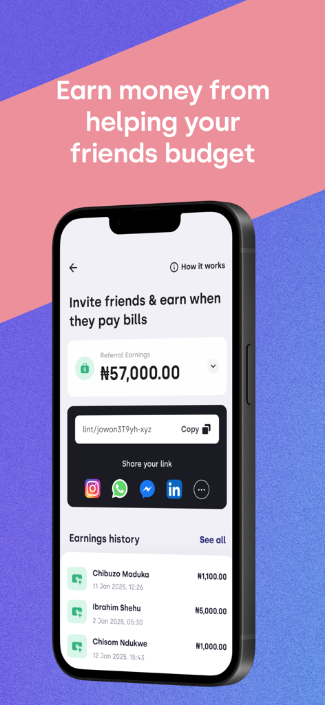 Lint - A mobile screen from the Lint app showing referral earnings and options to invite friends via social media links to earn rewards.