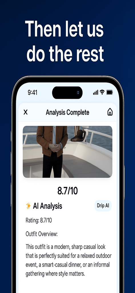 DRIP AI: Rate Your Fit - iPhone screen showing the Drip AI app outfit analysis with a rating of 8.7 out of 10 and style feedback.