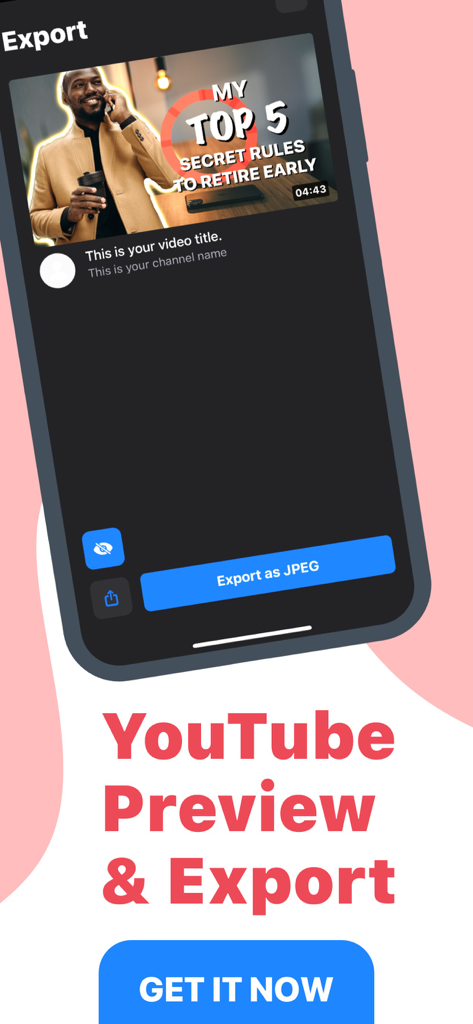 Thumbnail Creator for YouTube - Una interfaz de aplicación móvil que muestra una vista previa de una miniatura de YouTube personalizada y un botón de exportación como JPEG