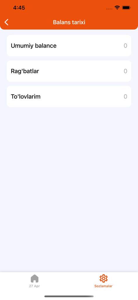 Edu Tizim Student - Balance history screen in the Edu Tizim Student app showing total balance and payment sections