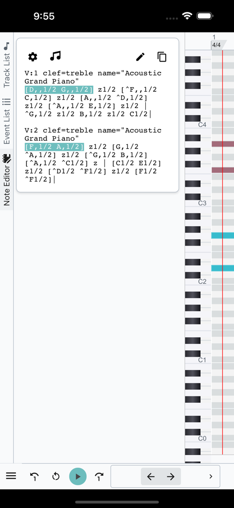 Interface of Midify app showing ABC notation music editor and piano roll.