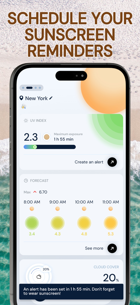 UV Index - Tan Widget - Pantalla de smartphone que muestra el pronóstico del índice UV y una alerta de notificación programada para protector solar