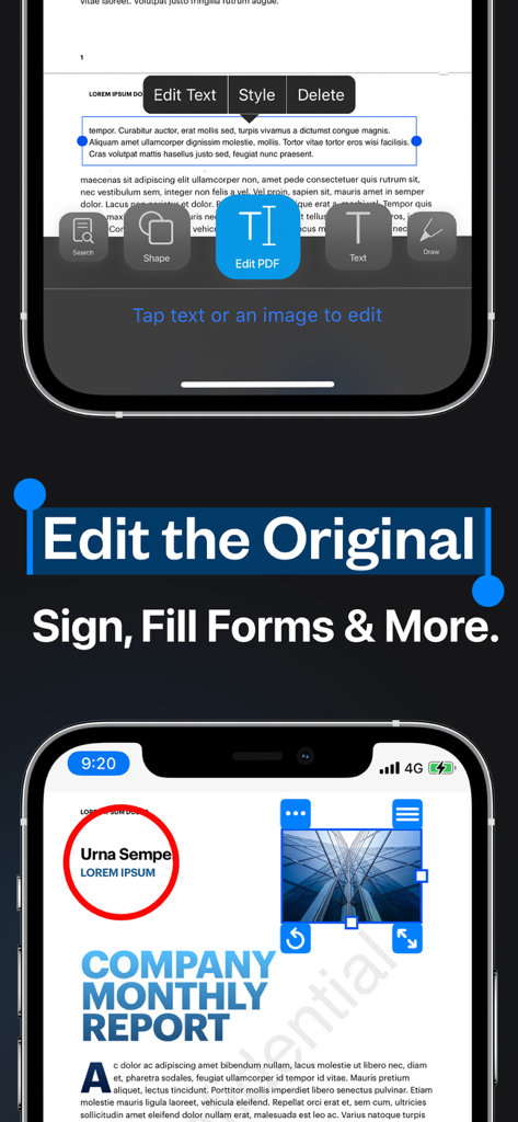 PDF Office Max Acrobat Expert - Interfaz de la aplicación de iPhone para editar texto PDF original y completar formularios