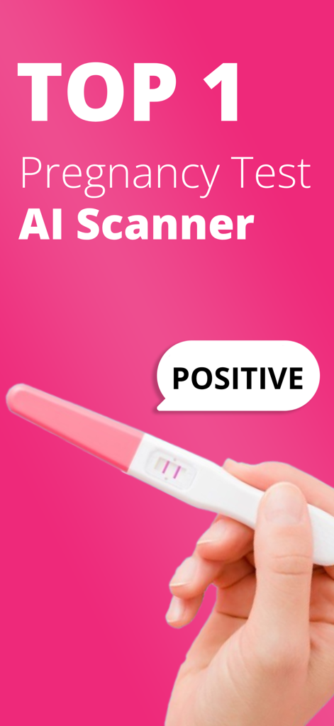 Pregnancy Test Scanner AI - Eine Hand hält einen positiven Schwangerschaftstest mit zwei Linien und einer digitalen positiven Anzeige.