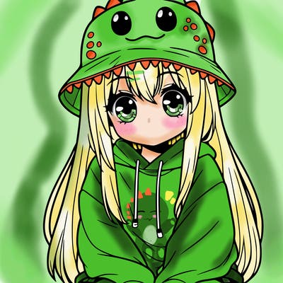 girl with anime shaped eyes with a dinosaur bucket hat oversized sweatshirt long straight hair