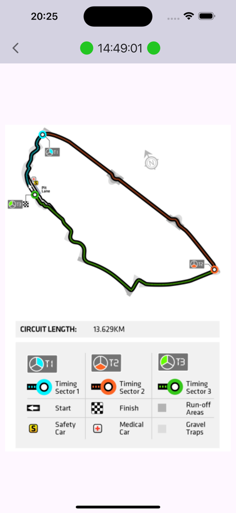 Mappa del circuito di gara di Le Mans che mostra settori di cronometraggio e icone della legenda della pista.