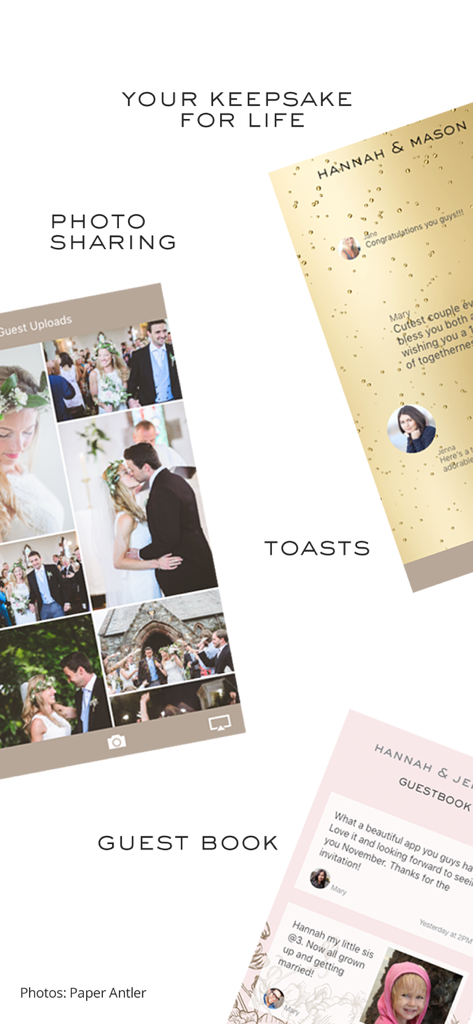 Appy Couple Wedding App - Interfaccia dell'app per matrimoni Appy Couple che mostra la condivisione di foto, i brindisi virtuali e le funzionalità del guest book.