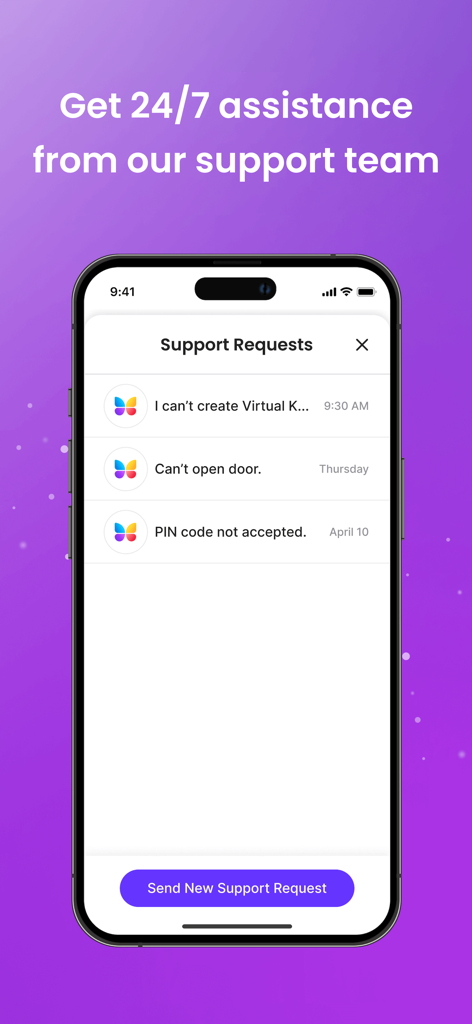 ButterflyMX - ButterflyMXモバイルアプリの画面。ユーザーサポートリクエストのリストと、新しいリクエストを送信するボタンが表示されます。