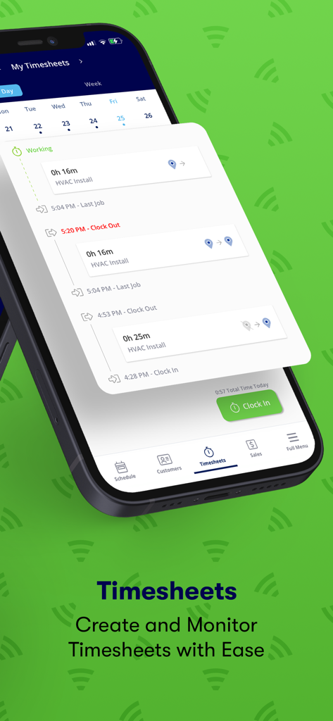 FieldPulse mobile app screen showing job timesheets and clocking in for HVAC contractors