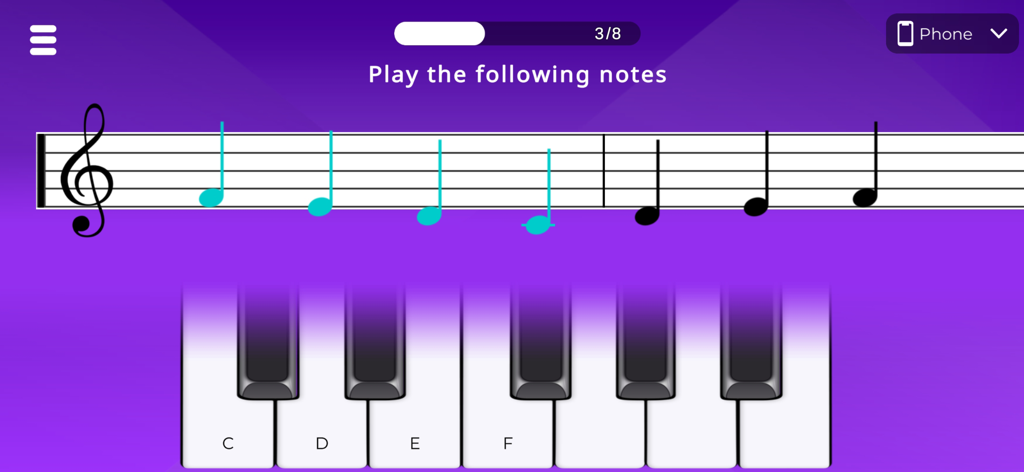 Pianist Master - Pianist Master app interface showing a virtual piano keyboard and music notes on a staff