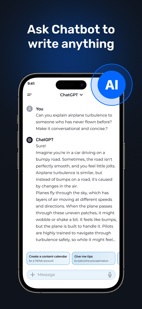SwiftPress AI Writing Keyboard - SwiftPress AI Writing Keyboard app interface showing a chat with an AI assistant powered by ChatGPT