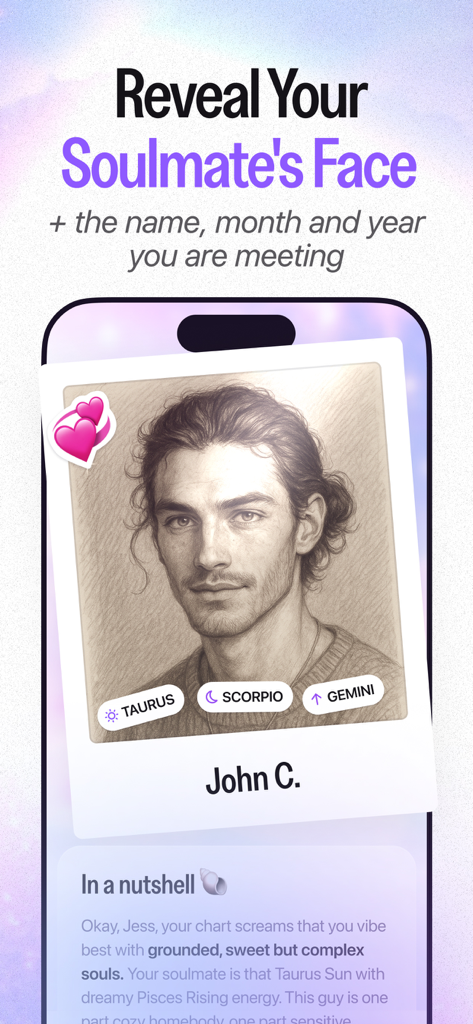 AstroClub app screen showing a soulmate face reveal with astrological signs and name