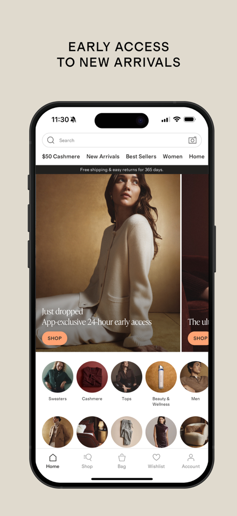 Quince - Quince mobile app home screen displaying early access to new arrivals and a curated collection of luxury essentials.