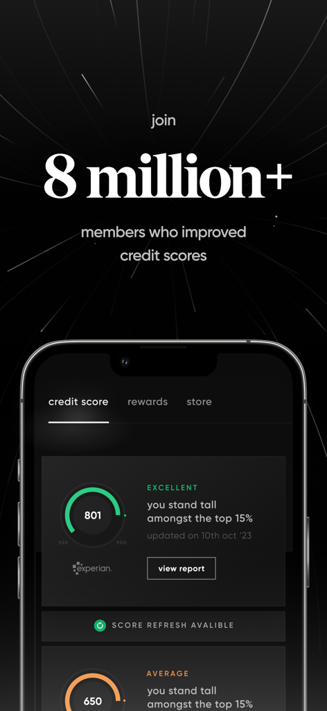 CRED: UPI, Bills, Credit Cards - CRED mobile app dashboard showing an excellent credit score of 801 and membership growth statistics