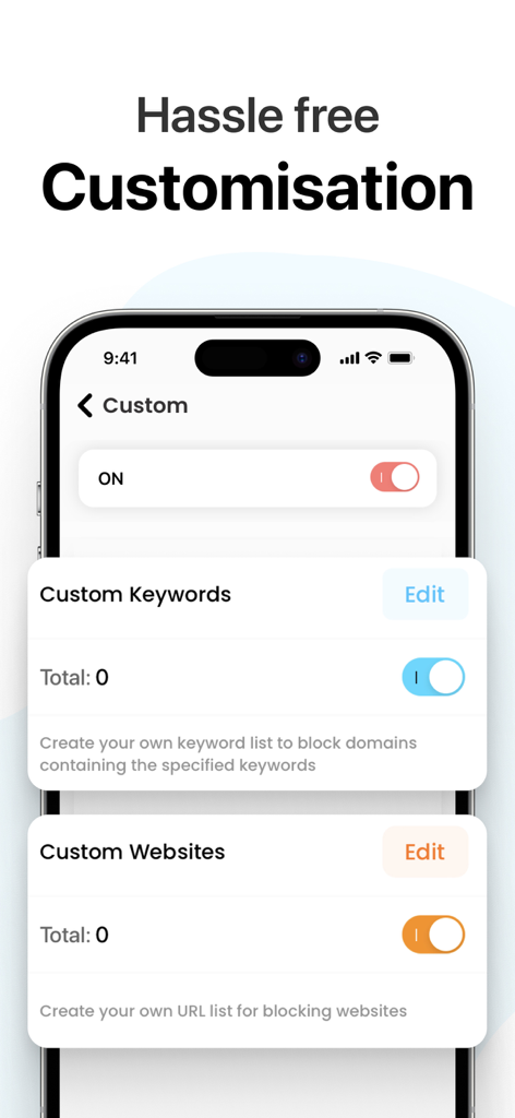 Ad Blocker · - Interface for managing custom keyword and website block lists in the Ad Blocker app.