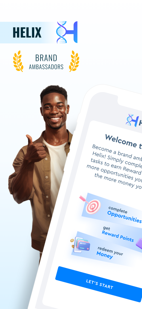Helix Connect - A smiling man giving a thumbs up next to a mobile screen for Helix Connect explaining how to earn money and rewards as a brand ambassador.