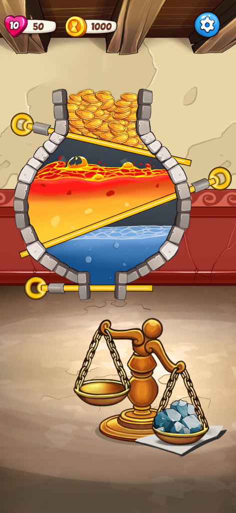 Pull the pin logic puzzle with lava and coins in Escape Time game