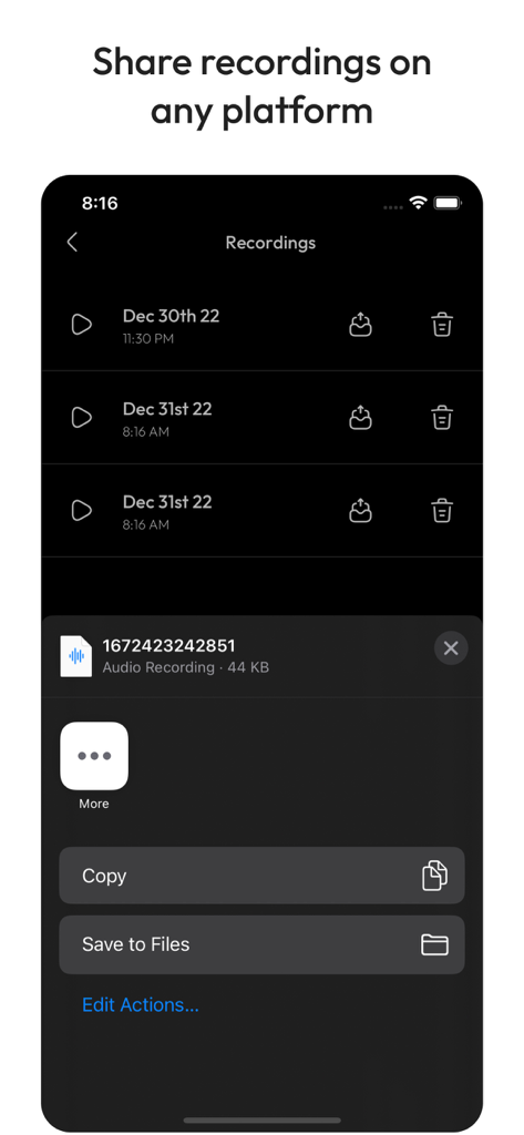 Just Press to Record - El menú para compartir de la aplicación Just Press to Record que muestra opciones para copiar o guardar archivos de voz