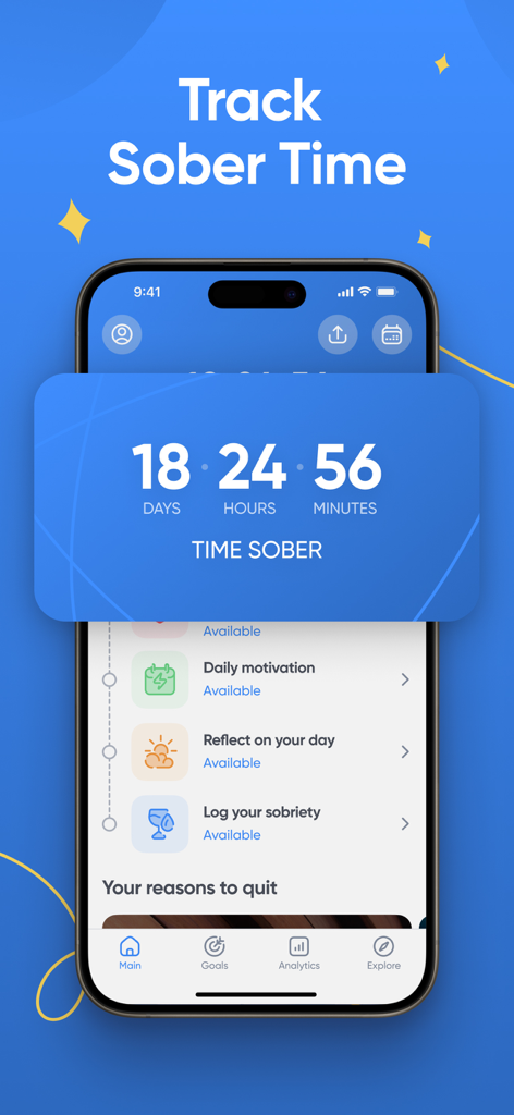 Sober Day - Sobriety Counter - Smartphone display of the Sober Day app showing a tracking counter for days sober alongside daily motivational tasks and progress insights.
