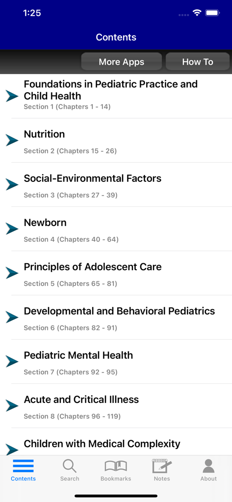 Rudolph's Pediatrics, 23/E - Table of contents screen of Rudolphs Pediatrics app showing chapters like Nutrition and Newborn care