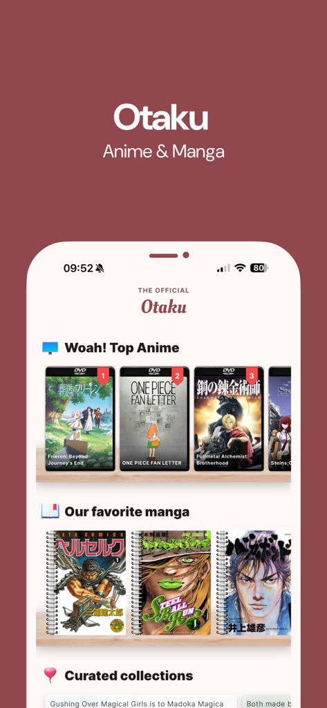 Otaku - Anime & Manga - Interfaz de la aplicación Otaku con listas curadas de los mejores animes y mangas.