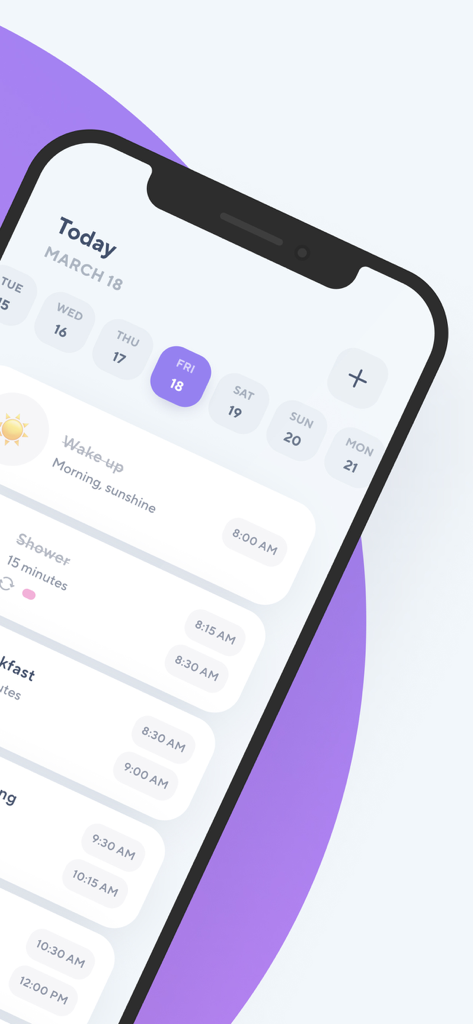 TimeBloc - Daily Planner - TimeBloc mobile app interface showing a detailed daily timeline with scheduled morning routines