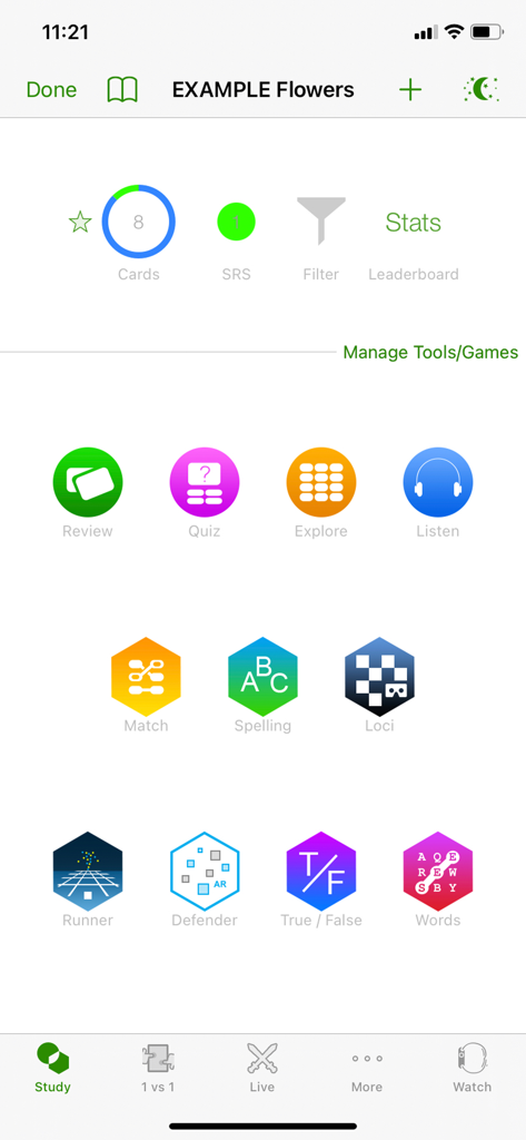 Flashcards by NKO: Flash Cards - Flashcards by NKO app interface displaying gamified study modes and statistics